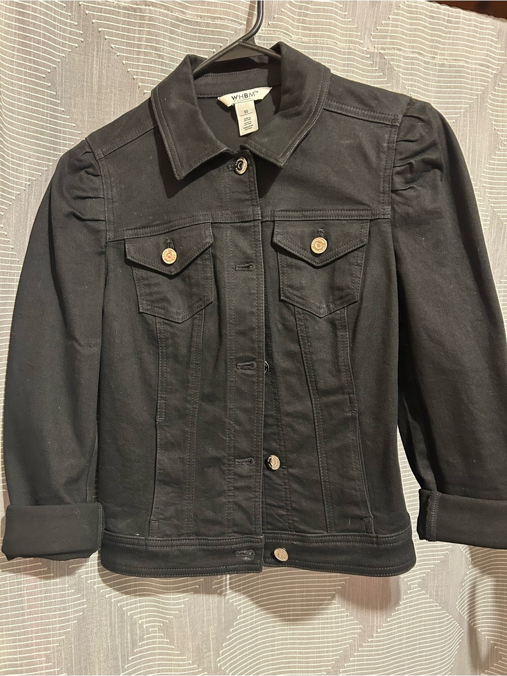 White House Black Market Black Denim Jean Jacket with Puff Sleeve Detail